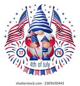 Cute gnomes girl holding fireworks, american flag, Celebrating of 4th of July vector clipart