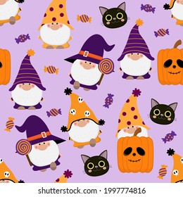 Cute gnomes in halloween costume, candy, cat and orange pumpkin seamless pattern and background. Trick or treat holidays cartoon character. -Vector