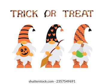 Cute gnomes in Halloween disguise with witch broom and pumpkin, potion with text Sweet or Tricky. Vector illustration