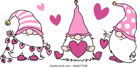 Cute Gnomes with hearts in pink hats for Valentine's day cards, gifts, t-shirts, mugs, stickers, scrapbooking crafts and design. Vector hand drawn digital file