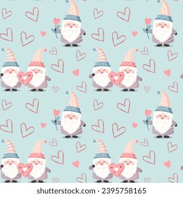 Kute Zwerge mit Herzen nahtlose Vektormuster. Valentinstag-Hintergrund. Herzformen und Gnome.