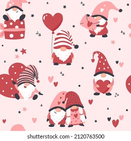 Cute gnomes with hearts, vector seamless pattern