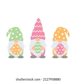 Cute gnomes hold colorful eggs in Easter. Isolated on background.