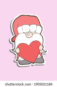 A cute Gnomes holding a big heart. Hand drawn chibi cartoon character with love pink color. Doodle style for decoration or any design. Vector illustration about Valentine day.