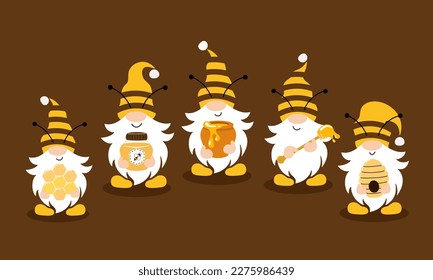 Cute gnomes with honey, flowers, honeycombs. Vector illustration isolated on white background.