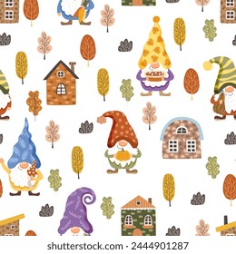 Cute gnomes and houses. Seamless pattern. Vector illustration