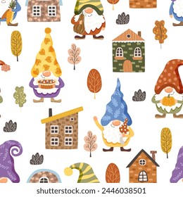 Cute gnomes and houses. Seamless pattern. Vector illustration