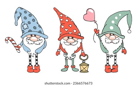 Cute gnomes with lantern, christmas candy and balloon. Hand drawn illustration, vector	
