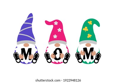 Cute Gnomes with MOM sign on white background. Scandinavian Nordic Gnomes celebrate mother's day. Women's day greeting card, t shirt print, web design.