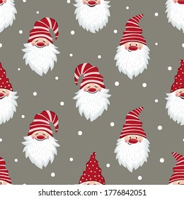 Cute gnomes pattern. Seamless Christmas background with dwarf characters.