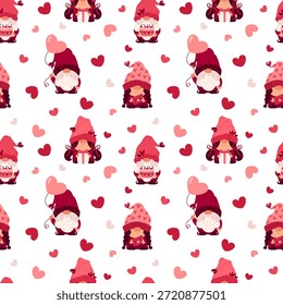 Lindos gnomos con sombrero rosa. San Valentín. Patrón sin fisuras. Vacaciones románticas. 14 de febrero. Amor. Corazón, globo, caja de regalo, sobre y pastel dulce. Personajes de dibujos animados. Ilustración vectorial.