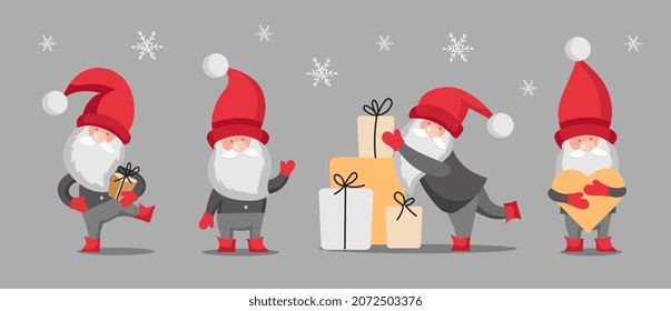 Cute gnomes in red caps set. Vector illustration.