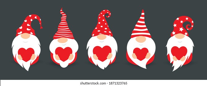 Cute gnomes in red hats, flat cartoon style vector isolated icons. Little gnomes with big beard and red heart, funny characters for decorating postcard or valentines