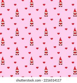 Cute gnomes in red hats and hearts on valentine's day. Seamless pattern on a pink background. Pattern for postcard, wrapping paper, textile. Vector illustration