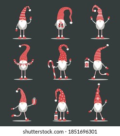 Cute gnomes in red santa hats on black background. Scandinavian christmas elves. Vector illustration in cartoon style. Nordic element design for greeting cards, season greetings, web, wrapper.