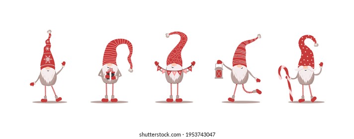 Cute gnomes in red santa hats on white background. Scandinavian christmas elves. Vector illustration in flat cartoon style. Nordic element design for greeting cards, season greetings, web, wrapper.