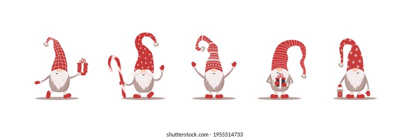 Cute gnomes in red santa hats on white background. Scandinavian christmas elves. Vector illustration in flat cartoon style. Nordic element design for greeting cards, season greetings, web, wrapper.