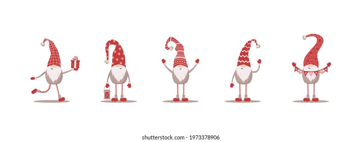 Cute gnomes in red santa hats on white background. Scandinavian christmas elves. Vector illustration in flat cartoon style. Nordic element design for greeting cards, season greetings, web, wrapper.