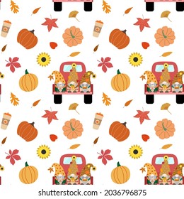 Cute gnomes in red truck, pastel pumpkins, coffee cups, leaves. Vector seamless pattern. Isolated on white background.