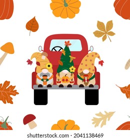 Cute gnomes in red truck, pumpkins, mushrooms, coffee cup, leaves. Vector seamless pattern. Isolated on white background. Harvest theme.