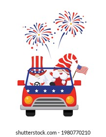 Cute gnomes riding car with 4th of July theme celebration. USA independence day. Flat vector cartoon design