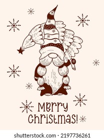 Cute Gnomes Santa Claus. Winter character gnome with christmas tree. Vector illustration, hand drawn doodle. Merry Christmas greeting card.