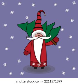 Cute Gnomes Santa Claus. Winter character gnome with christmas tree.Vector illustration