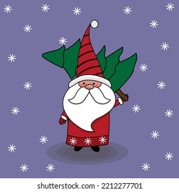 Cute Gnomes Santa Claus. Winter character gnome with christmas tree.Vector illustration