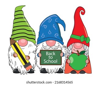 Cute gnomes with school supplies. isolated vector	