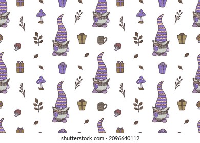 Cute Gnomes seamless pattern, wallpaper, cartoon, white background, print, art