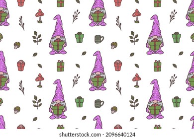 Cute Gnomes seamless pattern, wallpaper, cartoon, white background, print, art