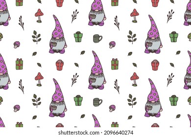 Cute Gnomes seamless pattern, wallpaper, cartoon, white background, print, art