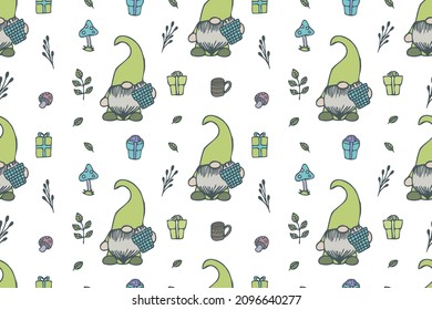 Cute Gnomes seamless pattern, wallpaper, cartoon, white background, print, art