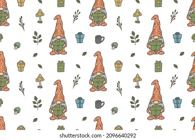 Cute Gnomes seamless pattern, wallpaper, cartoon, white background, print, art