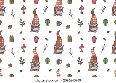 Cute Gnomes seamless pattern, wallpaper, cartoon, white background, print, art