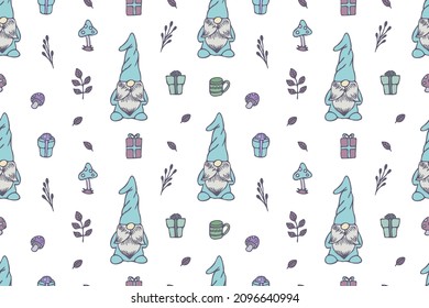 Cute Gnomes seamless pattern, wallpaper, cartoon, white background, print, art