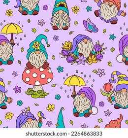Cute gnomes spring seamless pattern  Funny scandinavian gnome pattern design  Cartoon vector illustration for textile fabric paper print  Blooming spring flowers   green leaves springtime mood 