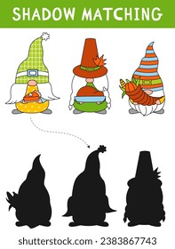 Cute gnomes for Thanksgiving day. Shadow matching activity for children. Simple educational game for kids with leaves. Find the correct silhouette printable worksheet.