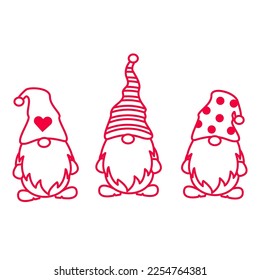 Cute gnomes for Valentine day. Outline doodle pink cutout template style