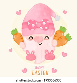 Cute gnomes vector holding carrot illustration for Easter holiday and spring season kawaii cartoon: Series fairy tale character (flat Girly doodles). Perfect Nursery children, kids, greeting card.