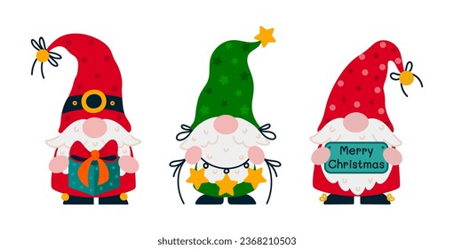 Juego de vectores de gnomas de corte. Divertidos elfos con barba están sosteniendo una caja de regalo, una guirnalda con estrellas y luces, un cartel con el texto Feliz Navidad. Santa Claus ayuda con gorros de carga. Clásico plano de caricatura