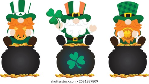 Cute gnomes vector sitting on a pot of gold in St. Patrick's Day