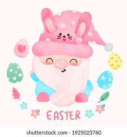 Cute gnomes vector wear rabbit ears with egg illustration for Easter holiday and spring season kawaii cartoon: Series fairy tale character (flat Girly doodles). Perfect Nursery children.