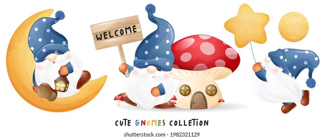 Cute gnomes with watercolor illustration set