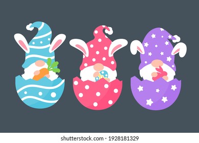 Cute gnomes wearing bunny ears hold carrots and colorful eggs in Easter. Isolated on background.