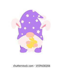 Cute gnomes wearing bunny ears hold carrots and colorful eggs in Easter. Isolated on background