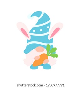 Cute gnomes wearing bunny ears hold carrots and colorful eggs in Easter. Isolated on background