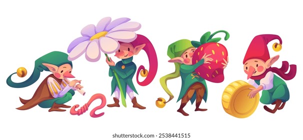 Cute gnomes wearing pointed hats in whimsical activities. Little elf play flute near pink worm, hold daisy, carry strawberry, roll golden coin. Characters for magical woodland and garden story.