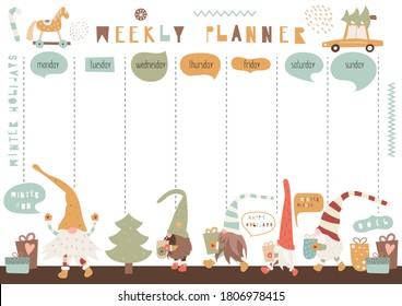 Cute gnomes. Weekly planner for holidays - funny nisse and christmas toys. Kids schedule design template with new year characters for holidays. Vector illustration.