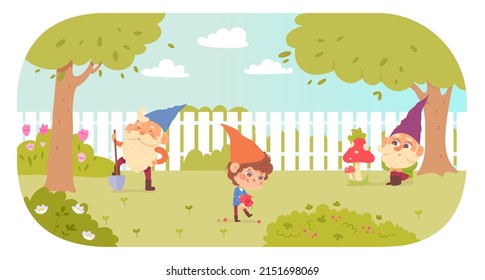 Cute gnomes work with garden tools, pick berries and rest on home backyard with mushrooms vector illustration. Cartoon funny young and old characters in fairytale costumes and caps background